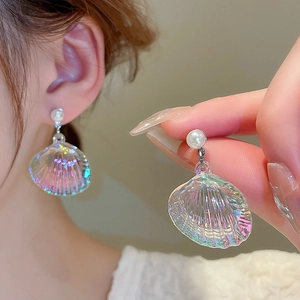 Elegant iridescent acrylic shell earrings with pearls and silver studs for women