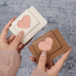 Women Mini Wallet PU Leather Heart Shaped Cutout Card Holder Compact Snap Button Portable Coin Purse Fashion Accessory