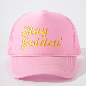 Pink adjustable trucker hat with Stay Golden embroidery and breathable mesh