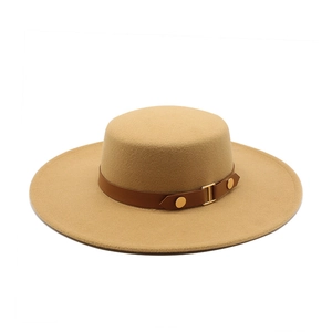 French vintage wool felt flat top boater hat with camel brown leather belt buckle strap