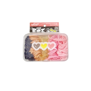 Set of colorful elastic hair bands in black orange pink and clear tones in a transparent box
