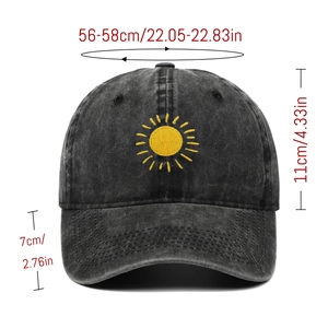 Detail view of washed cotton baseball cap with sun embroidery and size specifications