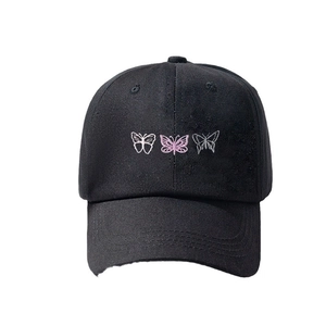 Classic black baseball cap featuring three butterfly embroidery patterns on a cotton fabric