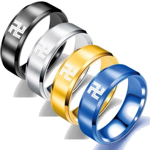 Close-up of four stainless steel rings with brushed finish and manji pattern