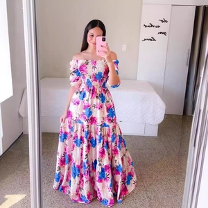 Women Off Shoulder Smocked Maxi Dress Polyester Tiered Floral Print Bohemian Summer Large Swing Short Sleeve