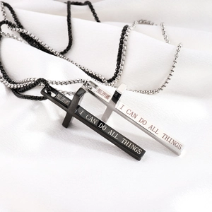 Titanium steel cross necklaces in black and silver with engraved I Can Do All Things scripture