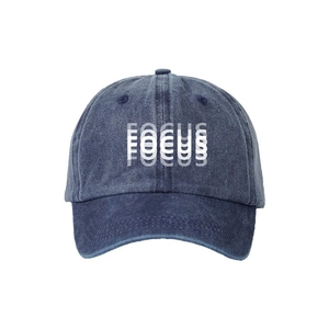 Classic dark blue washed cotton baseball cap featuring FOCUS graphic print for daily wear