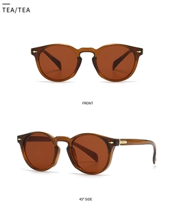 Detail view of retro round sunglasses in tea color showing front and 45-degree side angles
