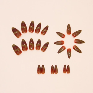 24pcs almond shape press-on nails with red-brown and dark green marble swirl texture
