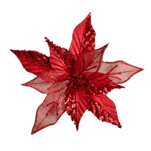 Sparkling red artificial Poinsettia flower with sequins for Christmas tree decoration