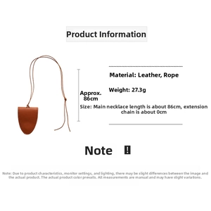 Detailed specs of brown faux leather pendant necklace with dimensions and 27.3g weight