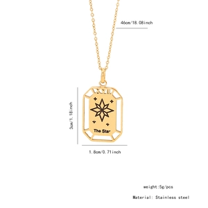 Detail view of The Star tarot pendant in gold stainless steel with dimensions marked