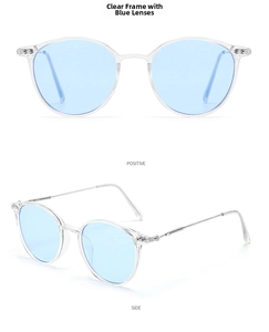 Front and side view of transparent round sunglasses with blue polarized lenses