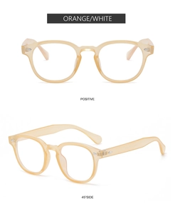 Vues détaillées de montures de lunettes rondes rétro orange transparent sous plusieurs angles
