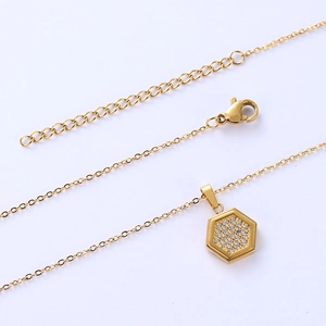Gold stainless steel necklace with a geometric hexagonal pendant set with sparkling zircon