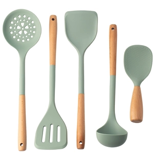 5-piece light green silicone kitchen utensil set with wooden handles on white background