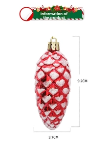 Detailed view of red pine cone Christmas ornament with white snow glitter and dimensions