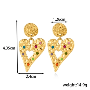 Bohemian gold heart earrings with multi-colored gemstones and textured hammered finish