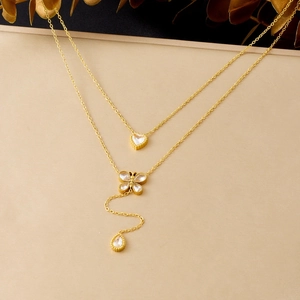 Layered Pendant Necklace Stainless Steel Gold Plated Heart Butterfly Water Drop Zirconia Rhinestone Jewelry