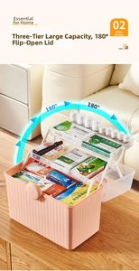 Three-tier pink medicine storage box with tiered folding shelves and 180-degree opening