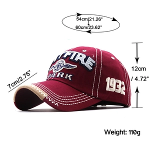 Detailed embroidery of FIRE logo and 1932 lettering on vintage burgundy cotton baseball cap