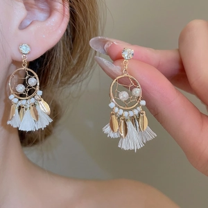 Bohemian Dreamcatcher Tassel Dangle Earrings Alloy Imitation Artificial Pearl Rhinestone With 925 Sterling Silver Earring Post