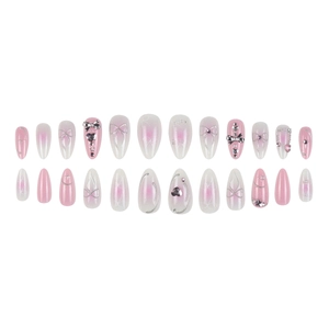Press-on nails with pink gradient, 3D silver bows, heart rhinestones and pearls