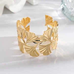 Exquisite gold ginkgo leaf open bangle with hollow design for women daily wear