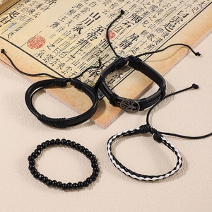Men's fashion black leather tree of life bracelet set with multi-layer beads and braids