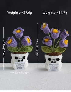 Detail view of crochet skull plant weights and dimensions for Halloween decor