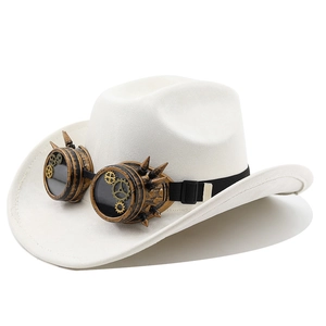 Steampunk white felt cowboy hat featuring bronze goggles with vintage gear and spike details