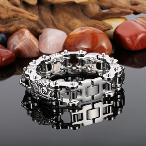 Macro shot of lion head steel chain bracelet for men with cool metallic highlights