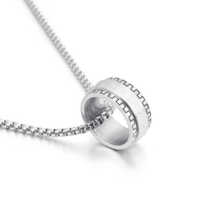 Stainless steel spinning ring necklace with engraved mantra pendant and box chain