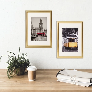 Golden 10-inch PVC photo frame set with white mat featuring European city art photography