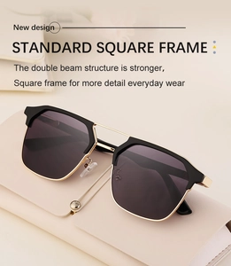 Detail of square black and gold sunglasses with double bridge on leather case