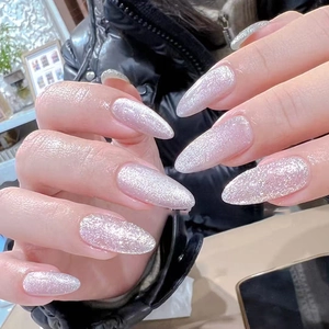 Press On Nails Silver Pink Glitter Shimmer Almond Shape Long Pointed ABS Plastic Salon Style Fashionable