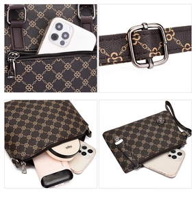 Detail view of brown printed handbag showing hardware buckle and interior storage capacity