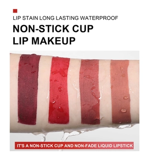 Dettaglio swatch braccio rossetto liquido opaco con formula impermeabile a lunga tenuta.