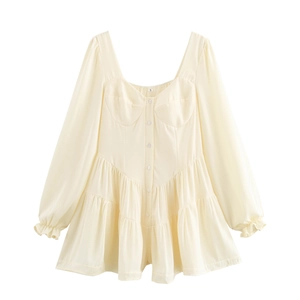 French Style Square Neck Mini Dress Long Sleeve Single Breasted Button High Waist Ruffle Hem Solid Color Sweet Elegant Women