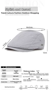 Detail view of a grey plaid beret with size specs 56-61cm circumference and 6.5cm brim