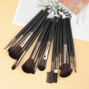Gros plan d'un ensemble de 13 pinceaux de maquillage avec manches noirs mats et ferrule argent