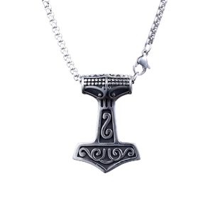 Front view of Viking Thor Hammer Mjölnir pendant necklace with embossed metal patterns