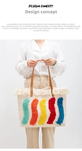 Dettaglio della borsa tote tessuta boho con strisce di velluto colorato e frange