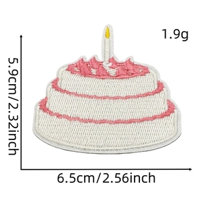 Birthday cake embroidery patch with detailed size measurements on a white background