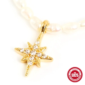 Minimalist S925 sterling silver octagonal star pendant necklace with white pearls