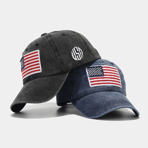 Washed vintage baseball caps with American flag embroidery in dark grey and navy blue