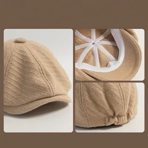 Retro wool herringbone newsboy cap in beige featuring a vintage Japanese style silhouette