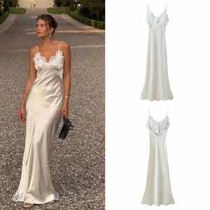 Sexy Satin Maxi Dress Lace Patchwork Spaghetti Strap Backless V-Neck Fishtail Elegant Wedding Party Gown For Women