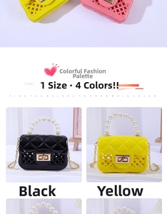 Macro view of mini jelly bag featuring pearl handle, metal chain and gold twist lock detail