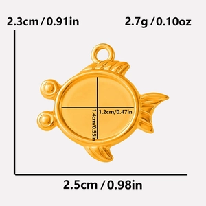Detailed view of 18K gold plated fish pendant with size measurements and weight info